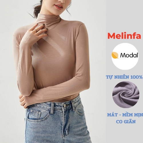 Áo thun cổ lọ nữ dài tay vải Modal (gỗ Sồi) tự nhiên thân thiện co giãn thoải mái mặc mùa thu mã A0214
