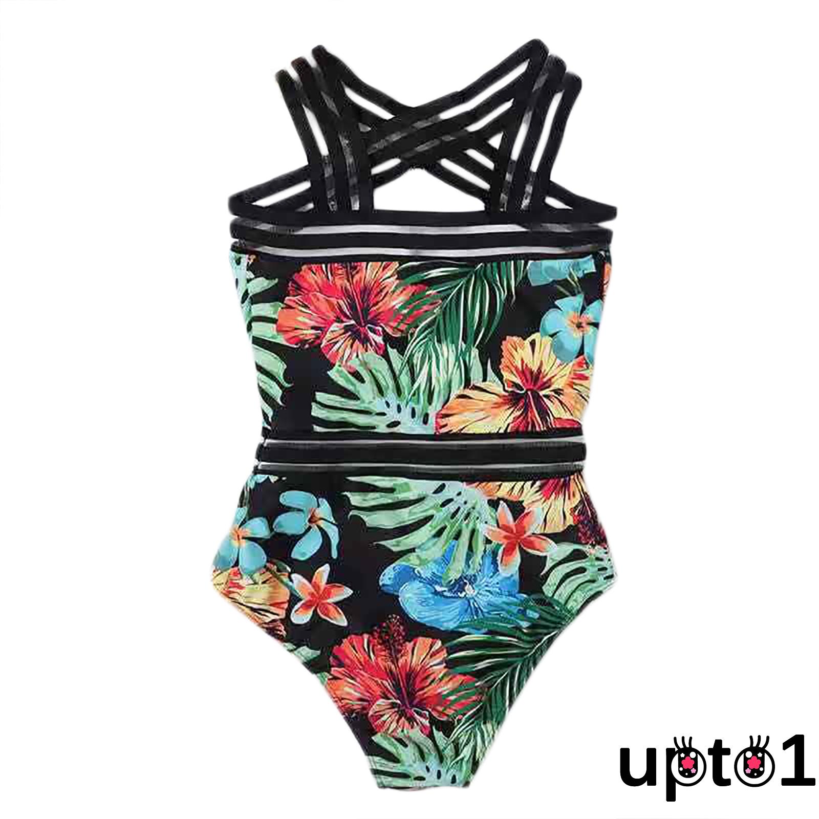 Up-Women´s Sexy Leaves Flower Printing Swimsuit, Classic Sleeveless High Waist Playsuit, Tight V-neck Romper | BigBuy360 - bigbuy360.vn