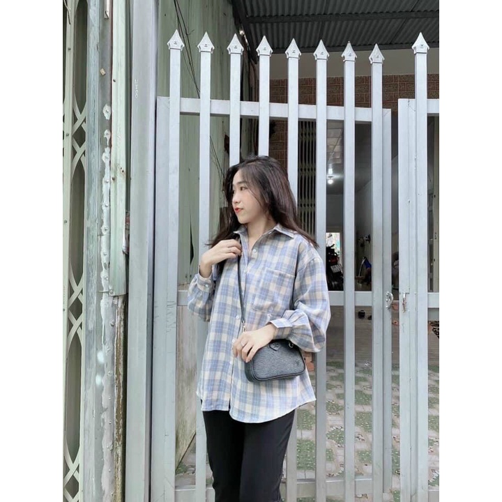 Áo sơ mi caro xanh tay cánh dơi form rộng Lovi