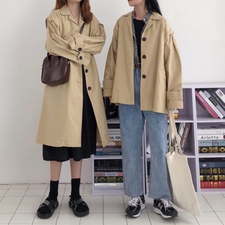 Áo khoác frenchcoat kaki mỏng nam nữ sẵn đen kaki dáng dài