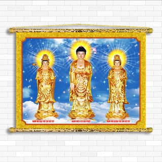 Tranh Liễn Phật Giáo - Tranh  Tây Phương Tam Thánh, chất liệu vải canvas kim tuyến, nẹp sáo gỗ tự nhiên, nhiều mẫu