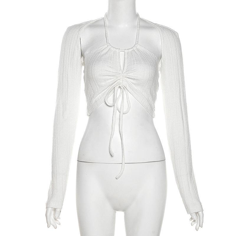 Kliou 2023 Mới vào mùa hè Set áo KLIOU hai dây rút dây màu trơn + áo khoác cardigan dài tay thời trang nữ