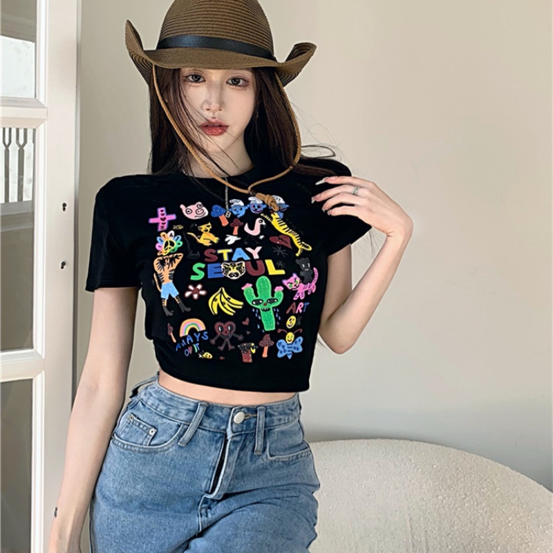 Áo Thun Croptop Tay Ngắn Màu Sắc Thời Trang Cho Nữ
