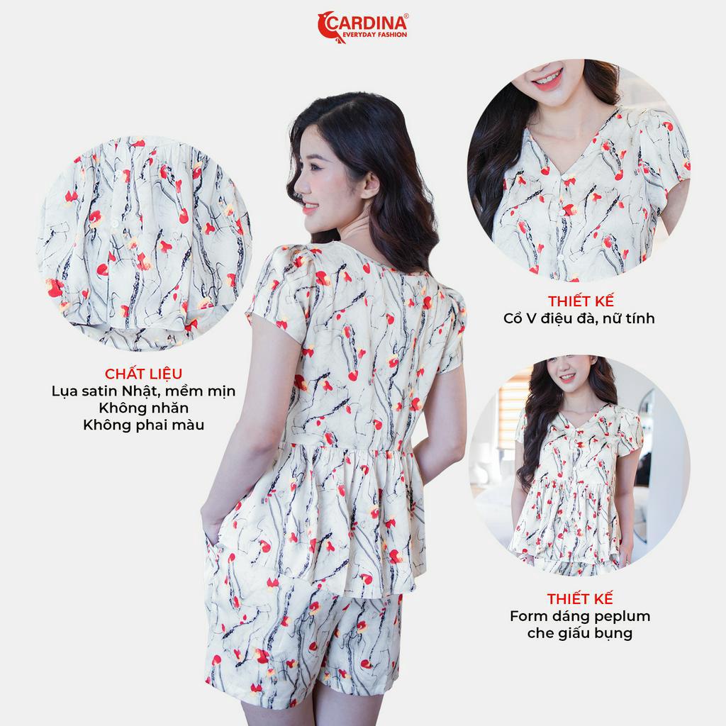 Đồ Bộ Nữ 𝐂𝐀𝐑𝐃𝐈𝐍𝐀 Chất Lụa Satin Cao Cấp Cổ V Áo Cộc Tay Quần Đùi Nhún Eo Nữ Tính 3SF02