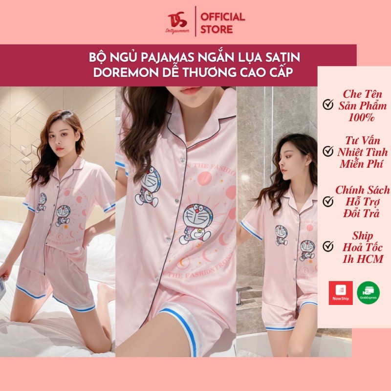 [Cao Cấp] Bộ Ngủ Pajamas Doremon Phi Lụa Cao Cấp, Đồ Bộ Ngắn Pijama Lụa Xịn Ít Nhăn Cực Mịn Mát