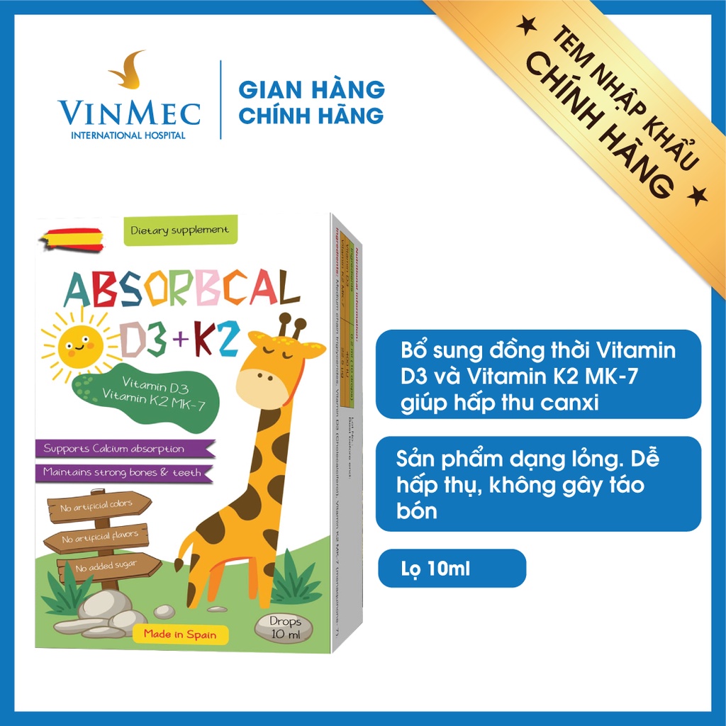 Vitamin D3 + Vitamin K2 MK-7 bổ sung Canxi cho bé không gây táo bón cùng ABSORBCAL D3K2 tại Vinmec