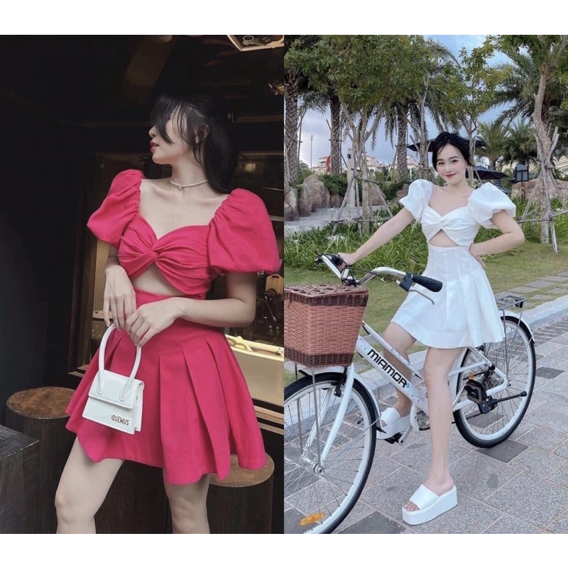 Đầm váy hồng neon xoắn ngực tay phồng form ngắn đi du lịch dạo phố
