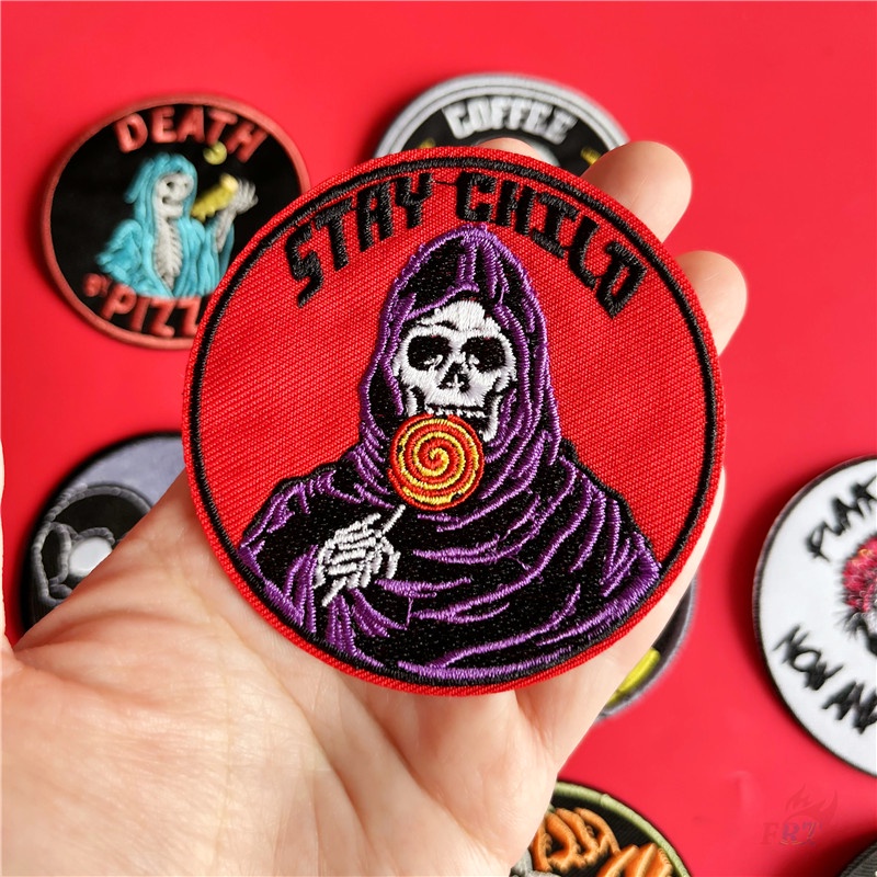 ☸ Nghệ Thuật Đầu Lâu Punk - Miếng Dán Sắt Cho Trẻ Em ☸ 1 Sticker Ủi Thêu Hình Kẹo Mút Bí Ngô Pizza