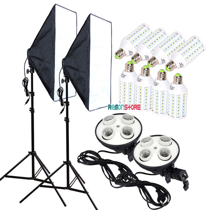 2 Softbox đuôi sứ bốn chuôi 50x70cm - 8 đèn Led 360 độ 28W - 2 Chân đèn 2m