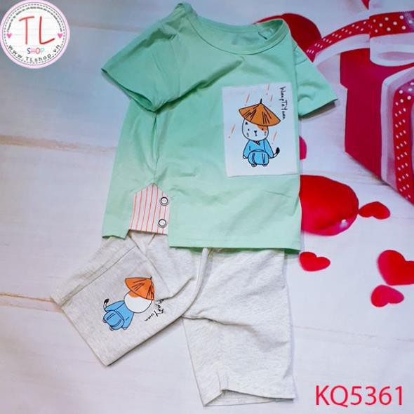 Thời Trang Trẻ Em -Bộ Quần áo mèo đội nón phối nút hai bên – Quần Áo Bé Trai - Bộ Bé Trai - Quần Áo Bé Gái - Bộ Bé