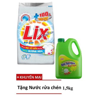 Bột giặt Lix Extra hương Hoa 6 kg Tặng nước rửa chén 1,5kg