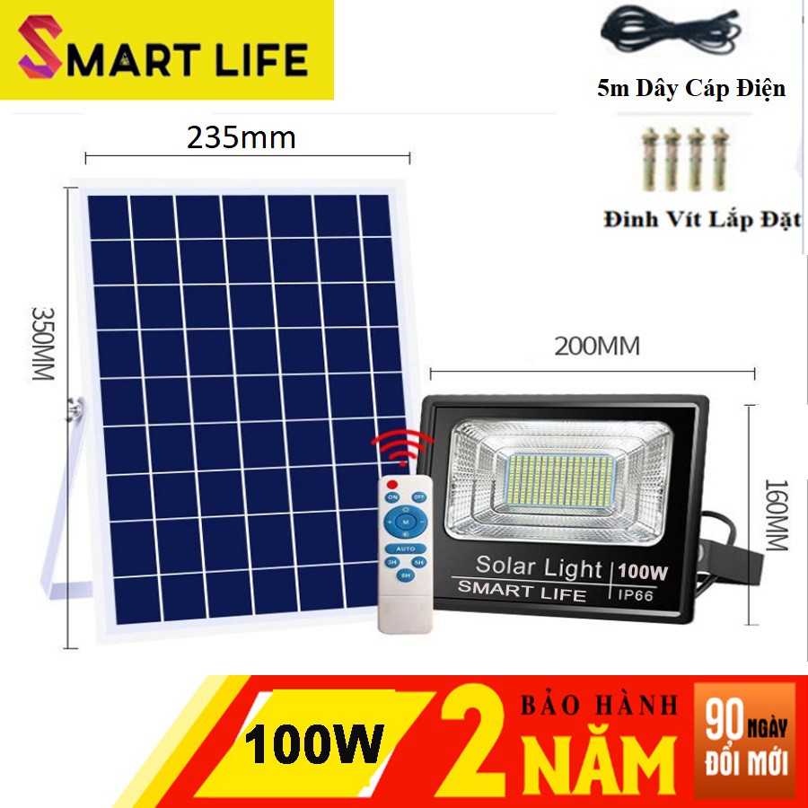 Đèn LED Năng Lượng Mặt Trời SMART LIFE 100w Điều Khiển Từ Xa Cảm Biến Ánh Sáng