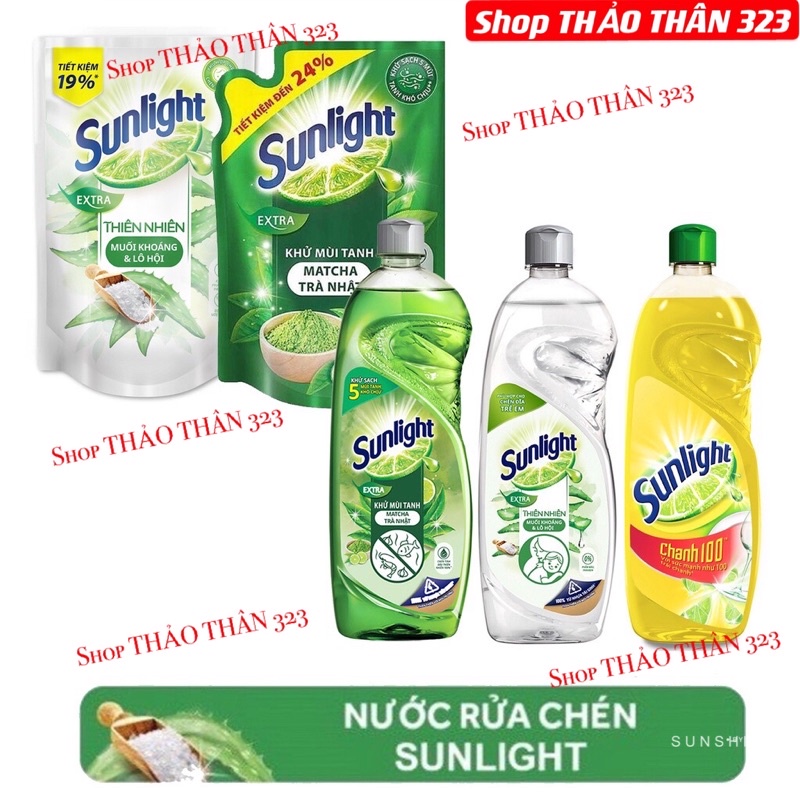 Nước Rửa Chén Sunligt Hương Chanh/ Muối Khoáng Thiên Nhiên Lô Hội/ Chanh và Bạc Hà