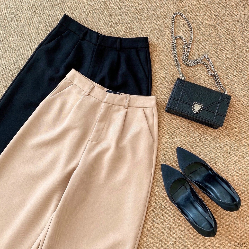 Quần tây nữ ống siêu rộng lưng cao, quần culottes cạp cao dáng dài chất vải dày 2 màu nude, đen NPQUAN025