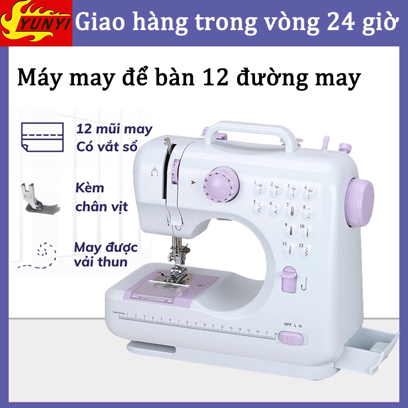 Máy may mini gia đình,Máy may để bàn 12 đường may, có vắt sổ, may được vải thun kèm chân vịt