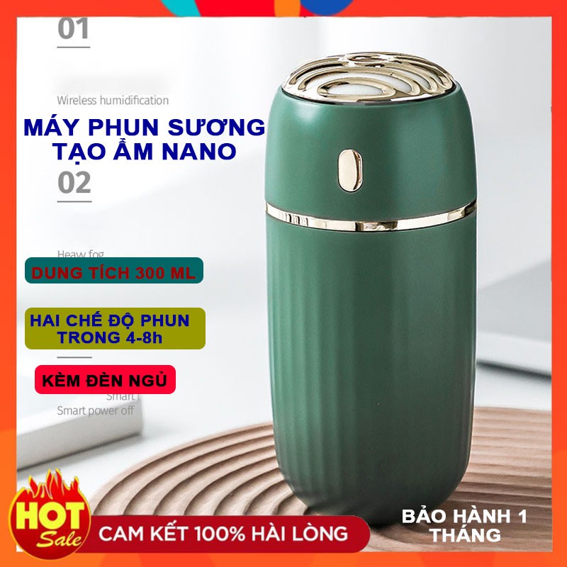 Máy xông tinh dầu, máy phun sương mini nano kèm đèn ngủ, dung tích 300 ml, sạc dây USB,hai màu hồng và xanh mẫu mới 2021