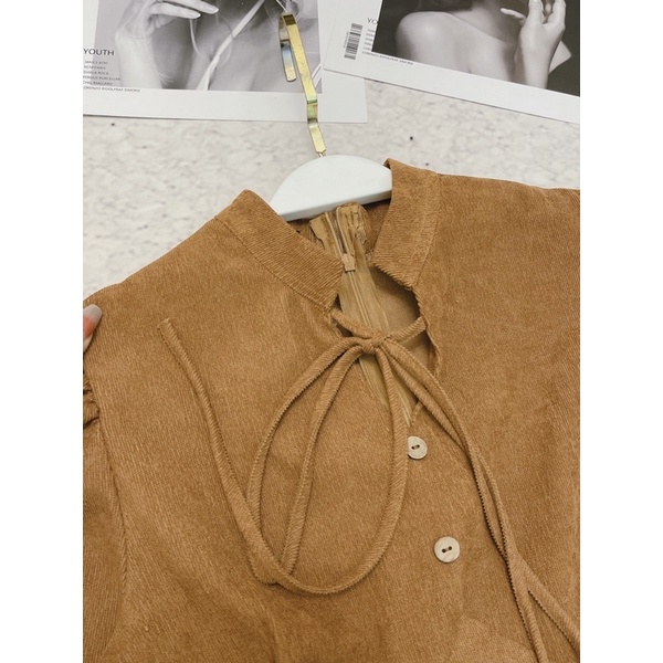 Váy thiết kế nhung tăm cổ có dây nơ dúm ngực dáng xòe tiểu thư | BigBuy360 - bigbuy360.vn