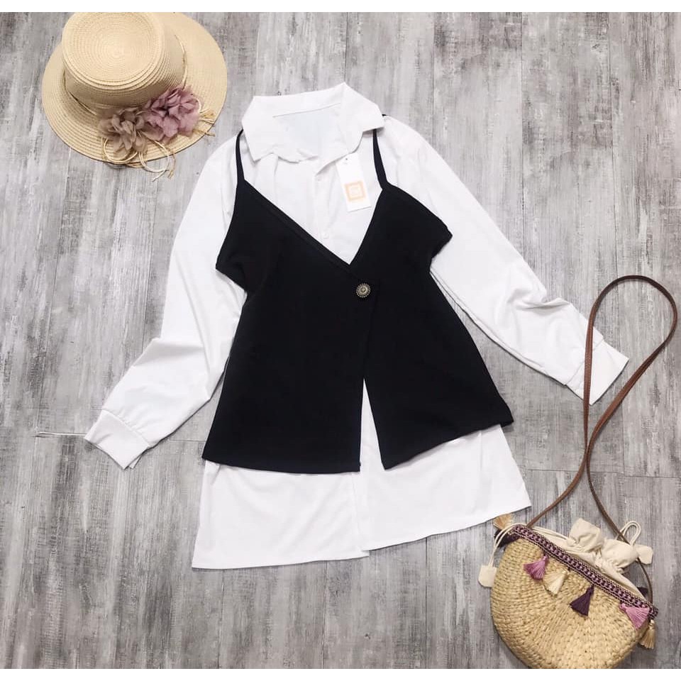 Sét 2 món áo gile cúc 2 dây mix sơ mi thụng siêu cá tính