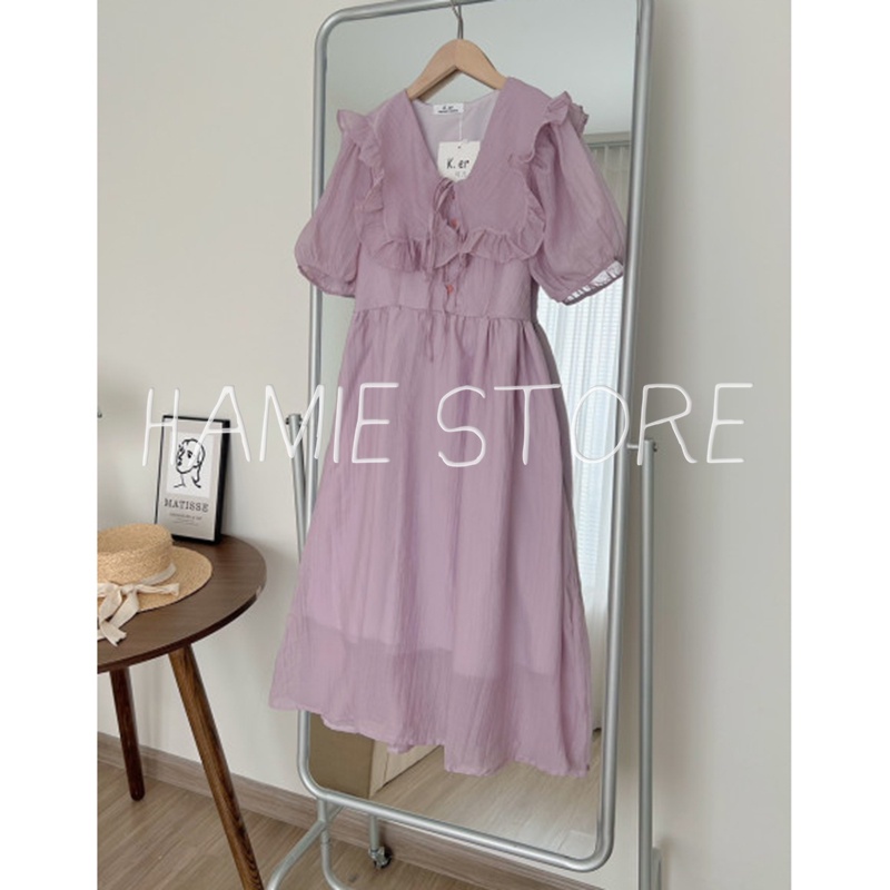 Đầm bánh bèo nữ dáng dài cổ nơ tay bồng HHY427, váy maxi babydoll nơ lưng tay bồng chun cổ bản to