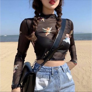 Áo lưới croptop kiểu nữ voan tay dài ôm body in hình thiên thần angel - Order taobao quảng châu