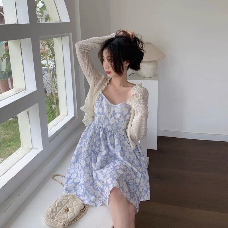 SET ĐẦM HOA HAI DÂY XANH PHỐI REN + KHOÁC REN