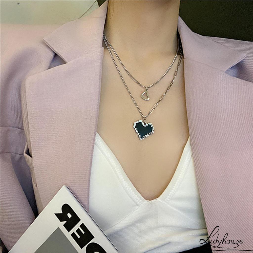 Vòng Cổ Mặt Khảm Hình Trái Tim Màu Đen Phong Cách Hip Hop Hai Lớp Dành Cho Nữ