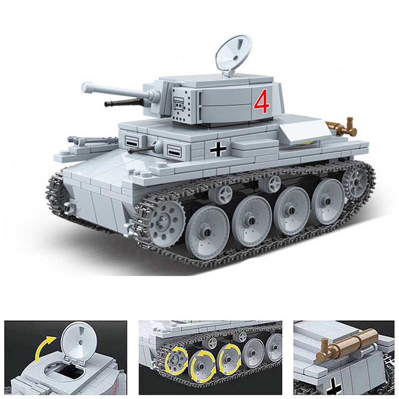 Đồ chơi Lắp ráp Mô hình xe tăng Quan guan 100082 535pcs Military WW2 Technic German Soldier LT-38 Light Tank