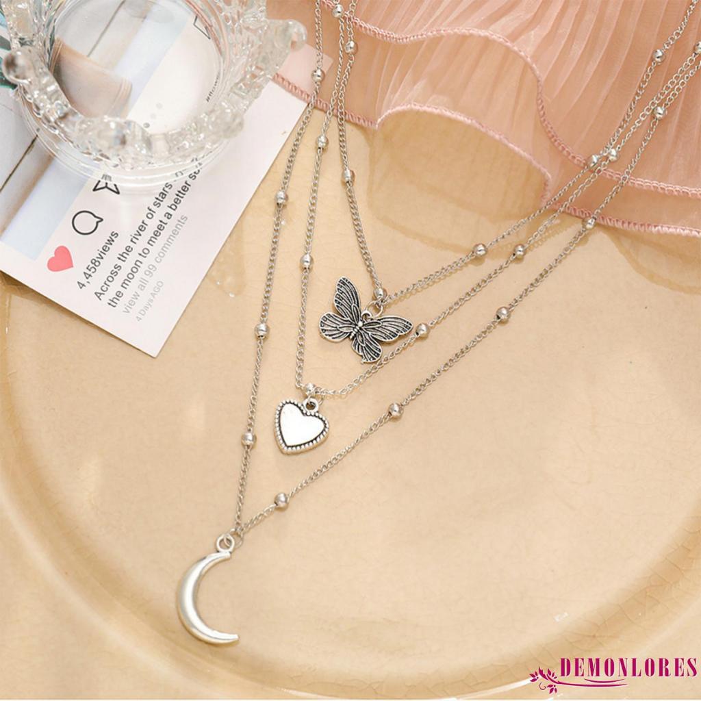 Bộ 3 Vòng cổ hợp kim mặt hình bướm mặt trăng trái tim sáng tạo cho nữ