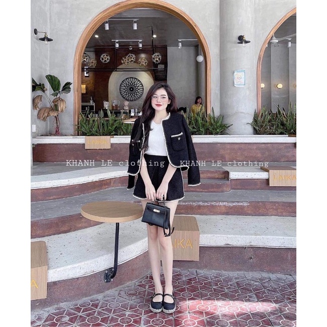 Set dạ viền dây kết nhũ vải dạ vân nổi | Hàng hai lớp áo kèm quần | BigBuy360 - bigbuy360.vn