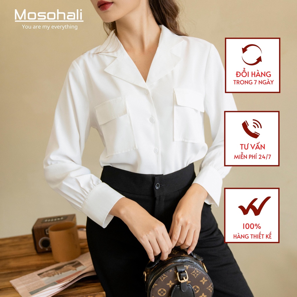 Sơ mi nữ dáng suông cổ vest túi ngực trắng mosohali