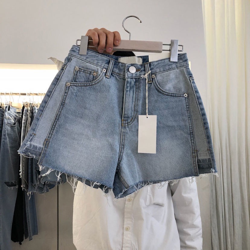 Quần Short Denim Lưng Cao Ống Rộng Phối Màu Tương Phản Thời Trang Mùa Hè Cho Nữ Plus Size