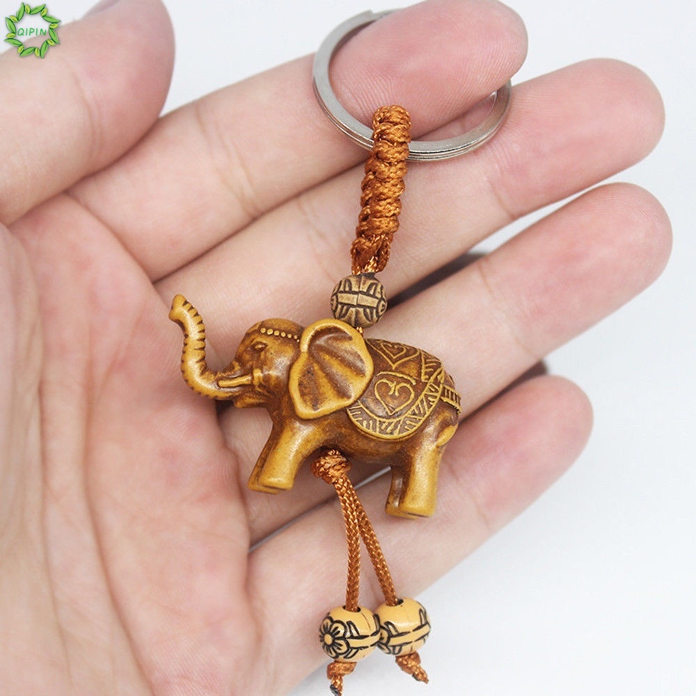 Cod Qipin Simple Lucky Elephant Carving Wooden Pendant Keychain Key Ring Chain Evil Defends Gift