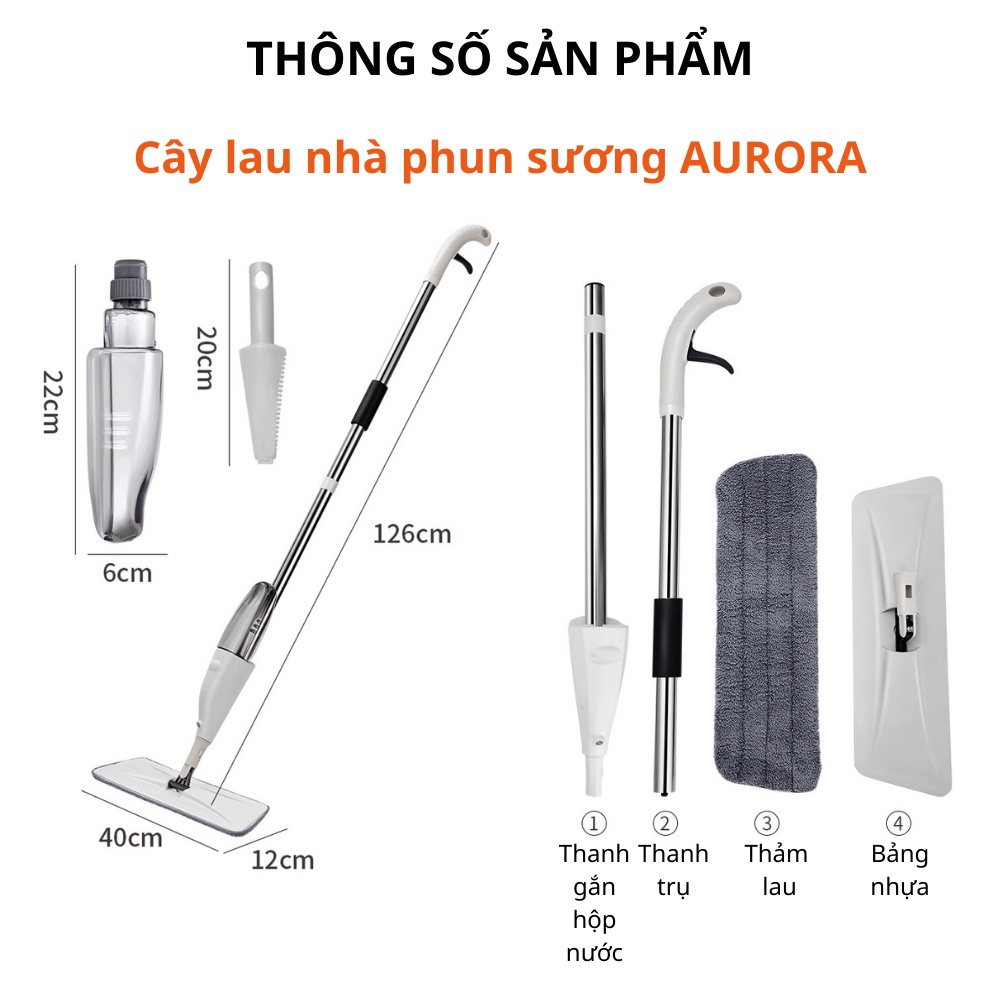 Cây lau nhà phun sương thông minh AURORA lau dọn dễ dàng 3 trong 1 đầu xoay 360 độ cao cấp siêu thấm hút