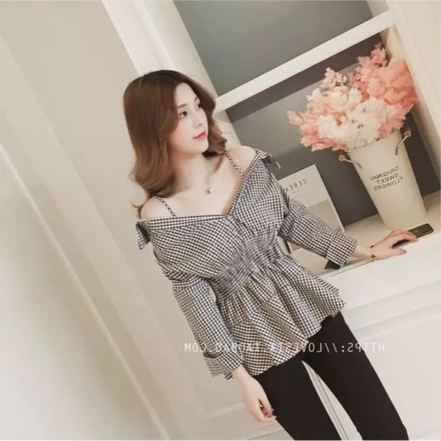(Order-M) Ulzzang Áo kẻ caro trễ vai KS
