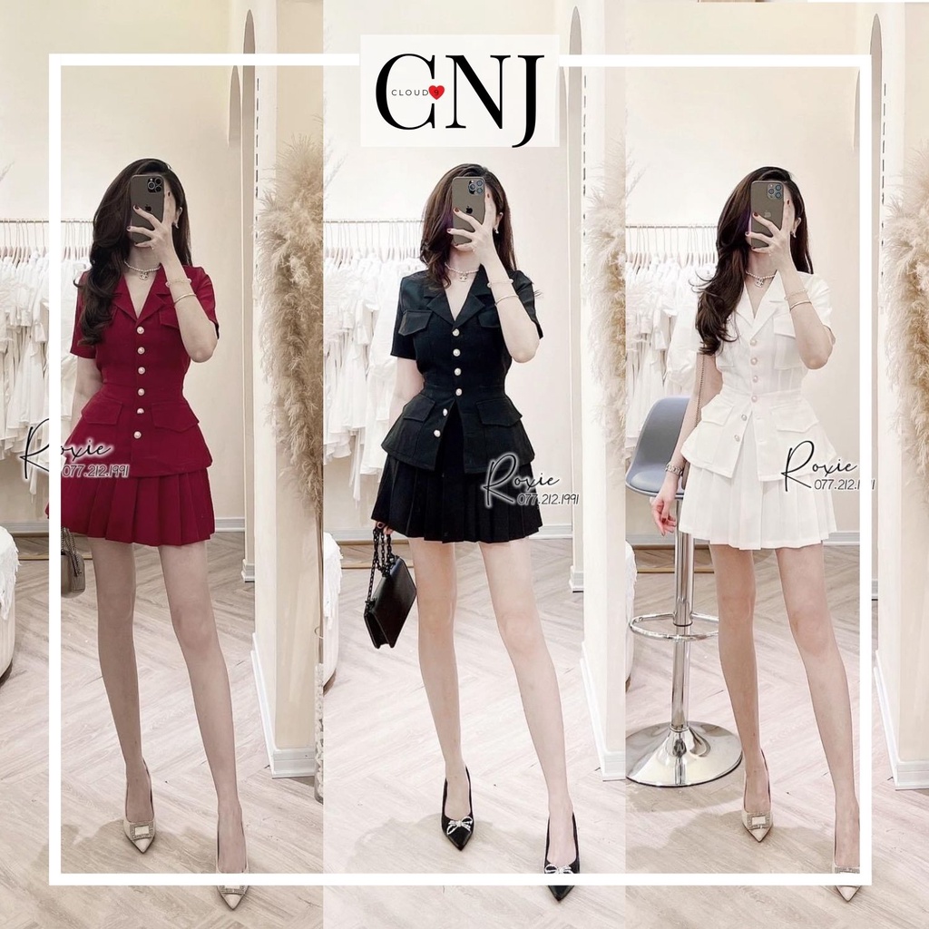 Set Vest nữ kèm chân váy xếp ly xòe cài cúc chất cực đẹp, Vest nữ công sở sang chảnh mặc đi làm, đi dự tiệc, đám cưới