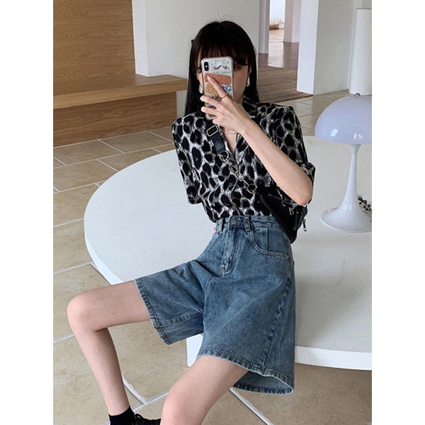 Quần Short Denim Lưng Cao Ống Rộng Thời Trang Mùa Hè Cho Nữ