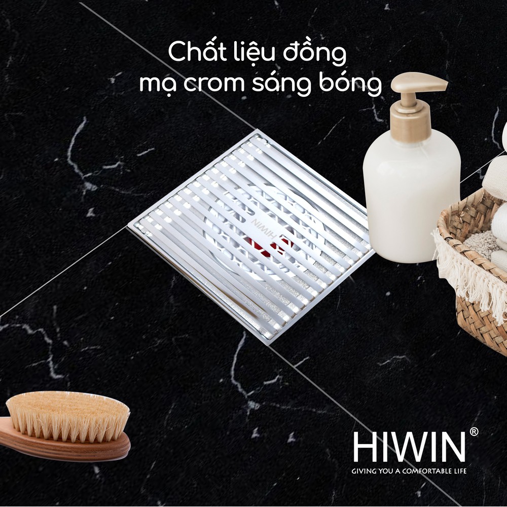 Phễu thoát sàn chống mùi hôi Hiwin FD-4852 đồng gương cao cấp sáng bóng ngăn mùi tối ưu