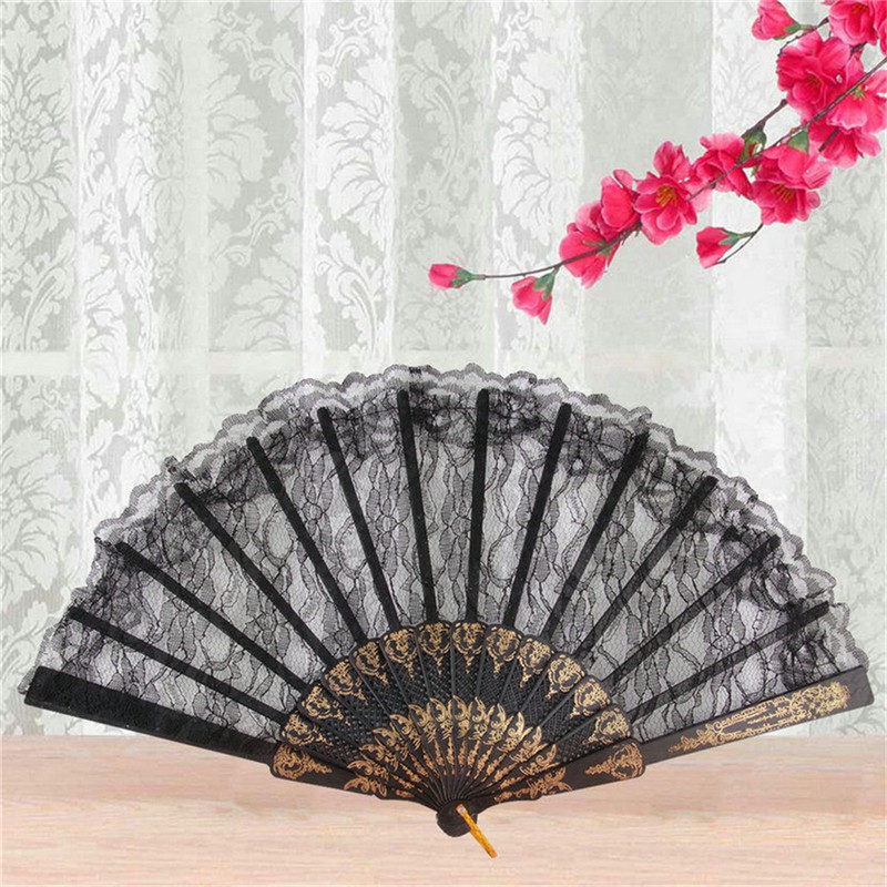Quạt Xếp Cầm Tay Bằng Lụa Phối Ren Hoa Màu Đen Phong Cách Tây Ban Nha Dùng Trong Tiệc Cướ