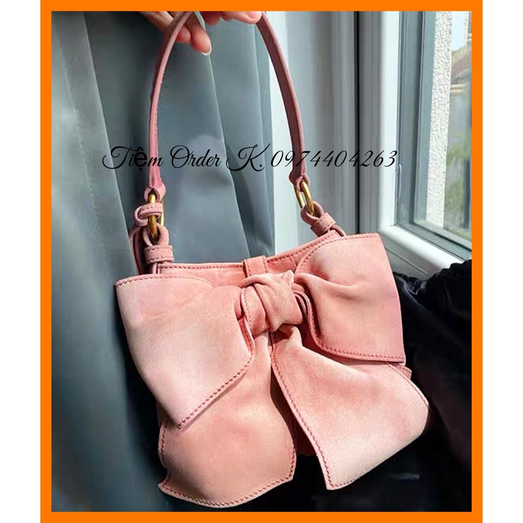 ORDER♥️Túi Xách Da Lộn Hồng Nơ(ảnh thật)Pink , Màu Hường,Size 20cm