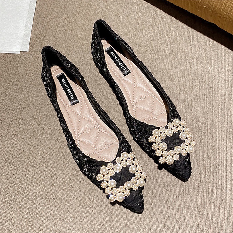 Giày Phẳng Giày Búp Bê Mũi Nhọn Đính Đá Ngọc Trai Thời Trang Cho Nữ Size 33-44