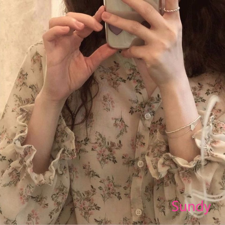 Áo Sơ Mi Chiffon Cổ Chữ V In Hoa Phong Cách Hàn Quốc Thời Trang Mùa Hè Plus Size Dành Cho Nữ