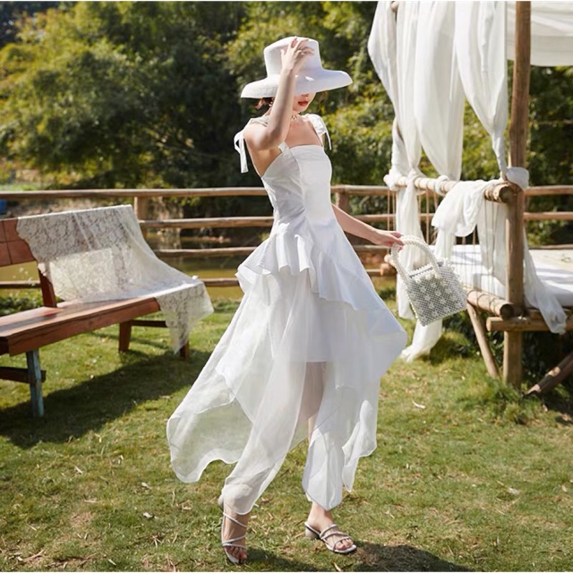 (Ảnh thật)(set) Váy đầm maxi 2 dây thắt dây dáng xoè phối ren xéo tà viền bèo màu trắng tiểu thư vintage boho bohemian