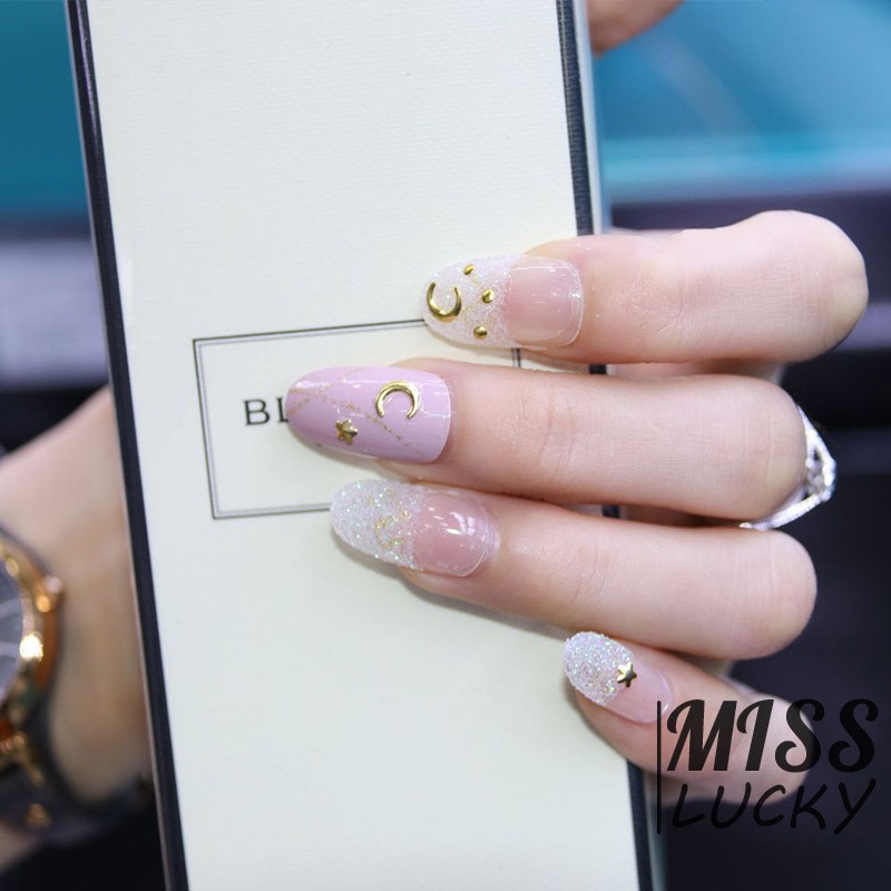 ❤Set 24 Móng Tay Giả Họa Tiết Trăng Sao 3D Tự Dính Toàn Bộ