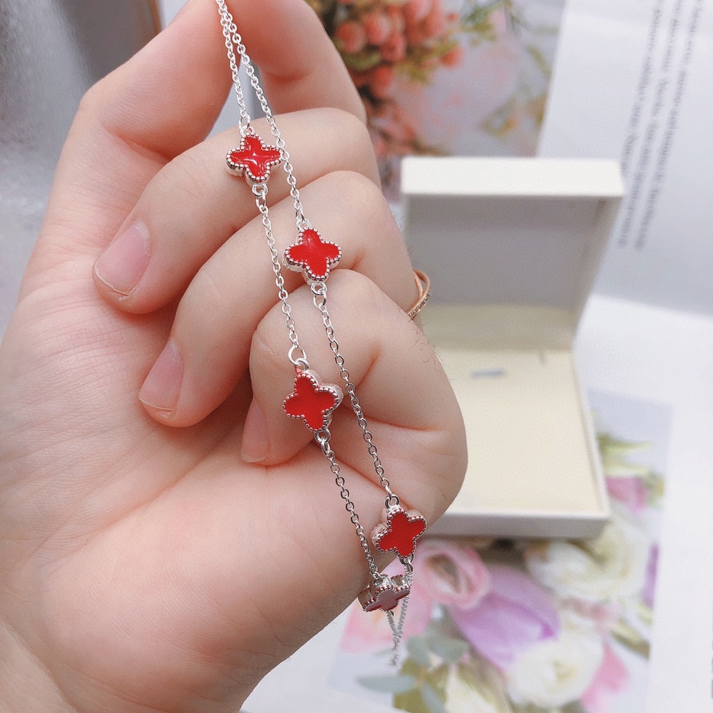 Lắc tay bạc nữ cỏ 4 lá may mắn, Vòng tay chất liệu bạc ta đính đá màu - Trang sức bạc Evasilver