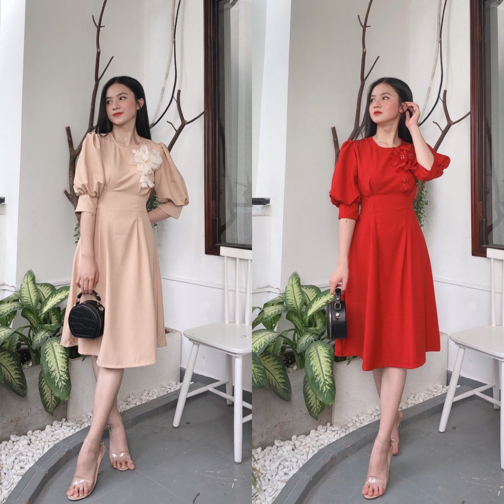 Đầm đỏ dự tiệc, Váy nude trơn Cao Cấp cổ tròn tay phồng dáng xòe kèm hoa cài, nữ tính quyến rũ MiNhi