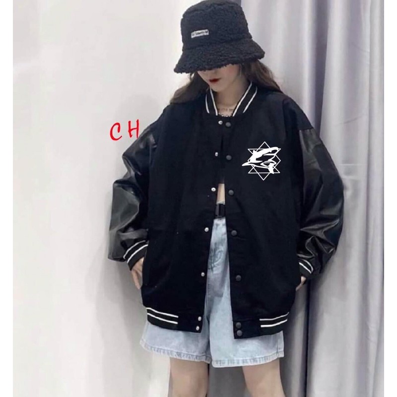 [ Mã FAMAYWA giảm 10K đơn 50K] áo khoác bomber gió dù nhẹ 1 lớp đen phối tay da bong lô gô cá mập cH