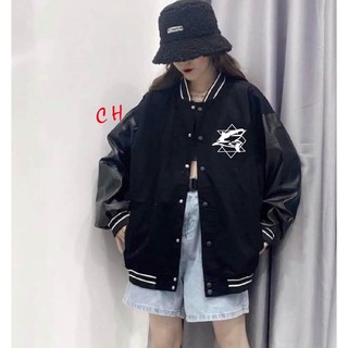 áo khoác bomber gió dù nhẹ 1 lớp đen phối tay da bong lô gô cá mập cH