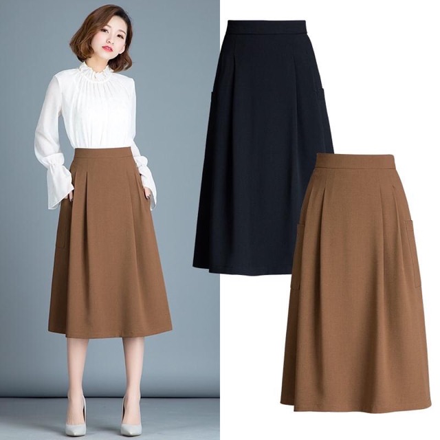 Chân Váy Xoè Xếp Ly Nhẹ 2 Túi chất tuyết mưa dài Thời Trang Công sở A70.XL.2T.ốp