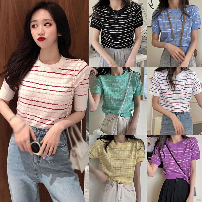 Áo Dệt Kim Ngắn Tay Họa Tiết Kẻ Sọc Thời Trang Cho Nữ