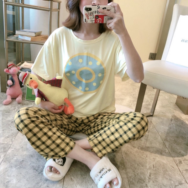 Bộ Đồ Ngủ 2 Mảnh Ngắn Tay In Hình Hoạt Hình Dễ Thương Phong Cách Hàn Quốc Cho Nữ